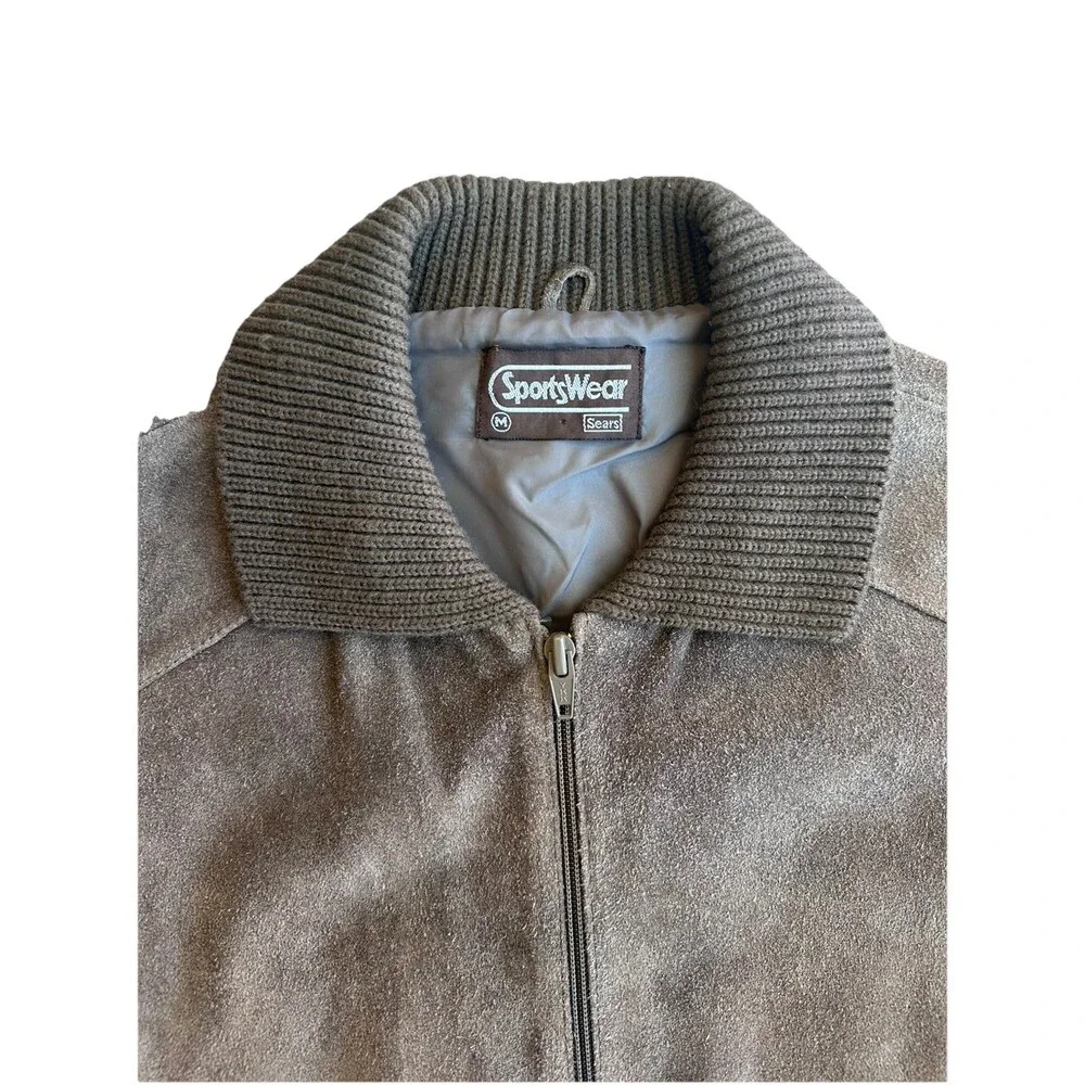 Vintage Sears Sportswear Suede Leather Bomber Jacket Men’s Large Brown Knit...